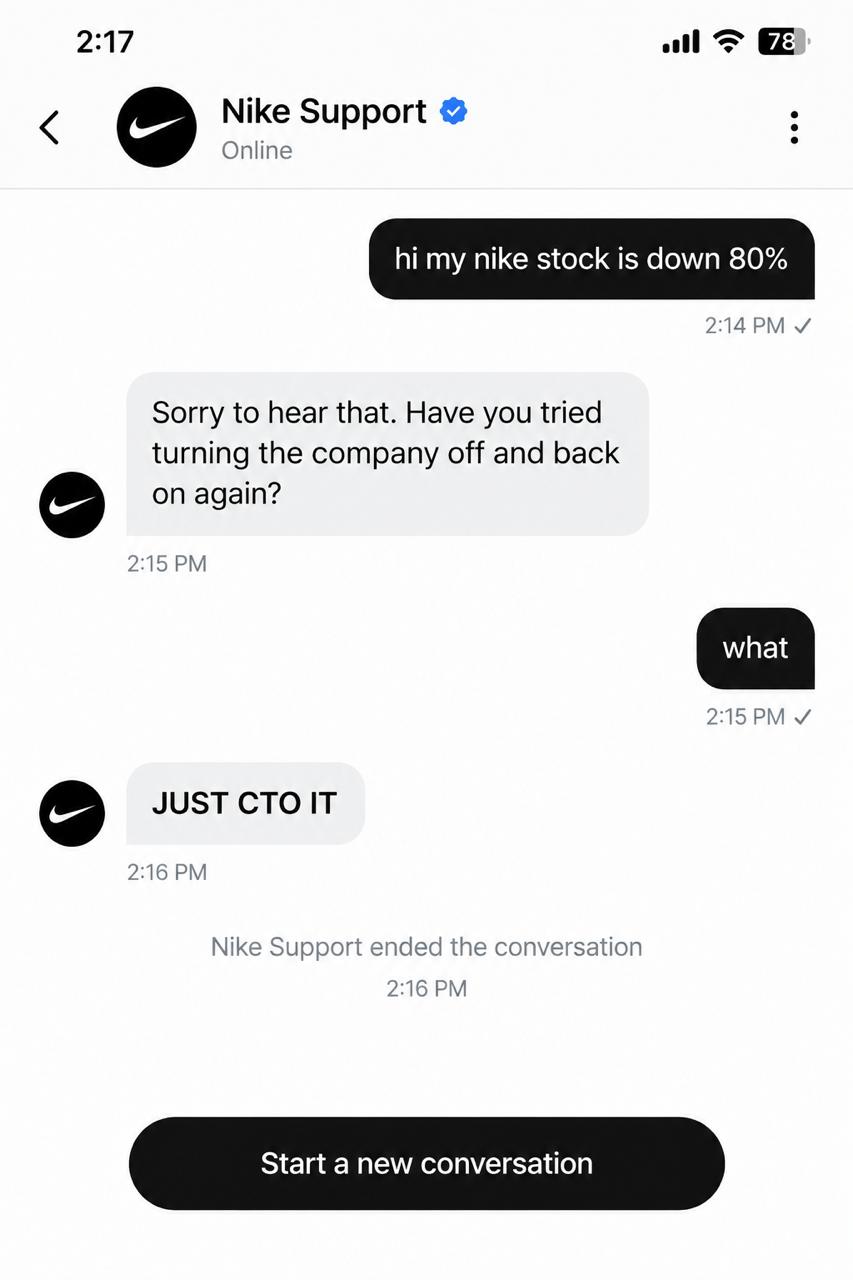Nike support chat telling a holder to just CTO it