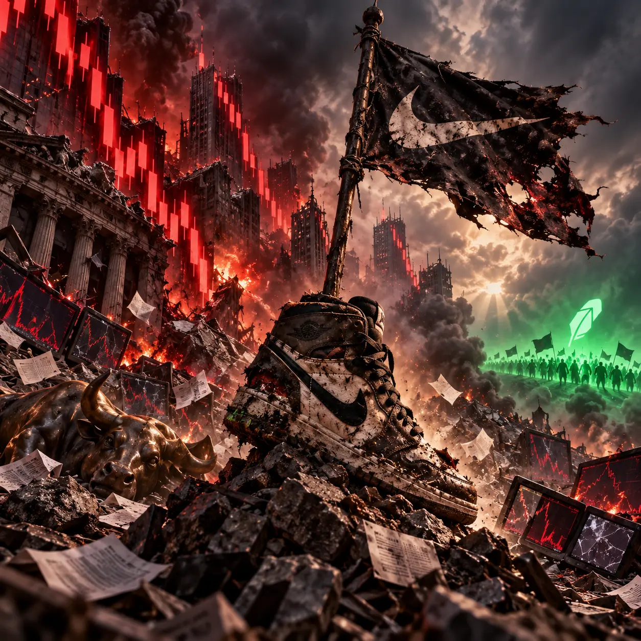 Tattered Nike flag over financial ruins with a green crowd approaching
