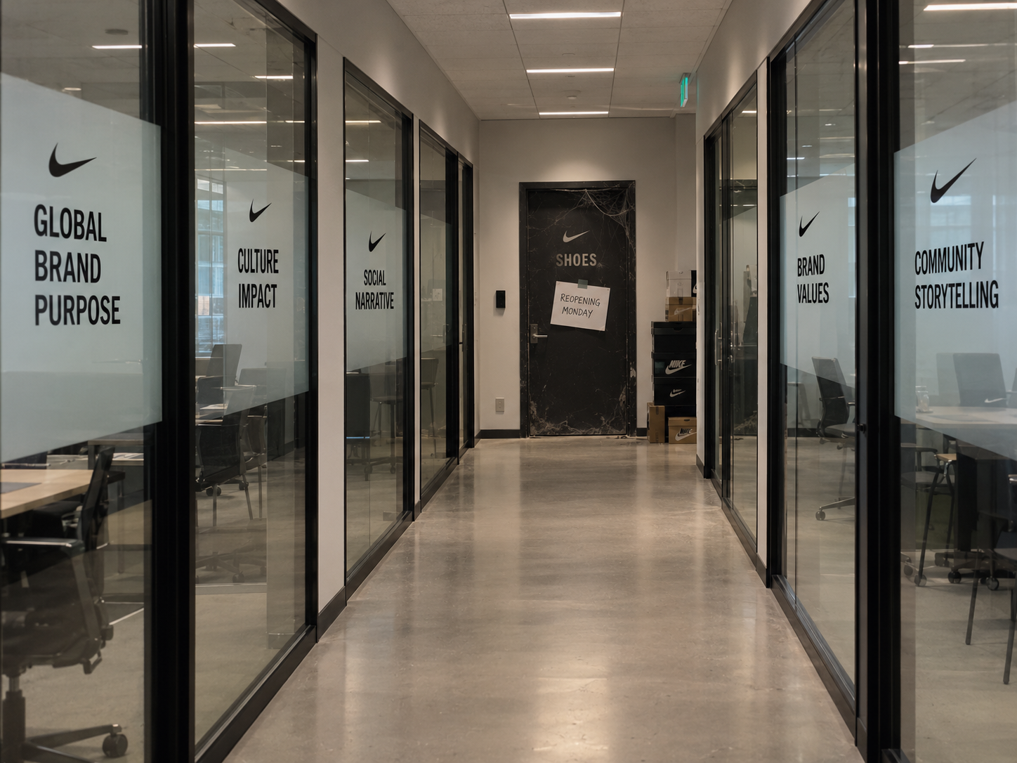 Office corridor of brand purpose departments with the shoes room shut