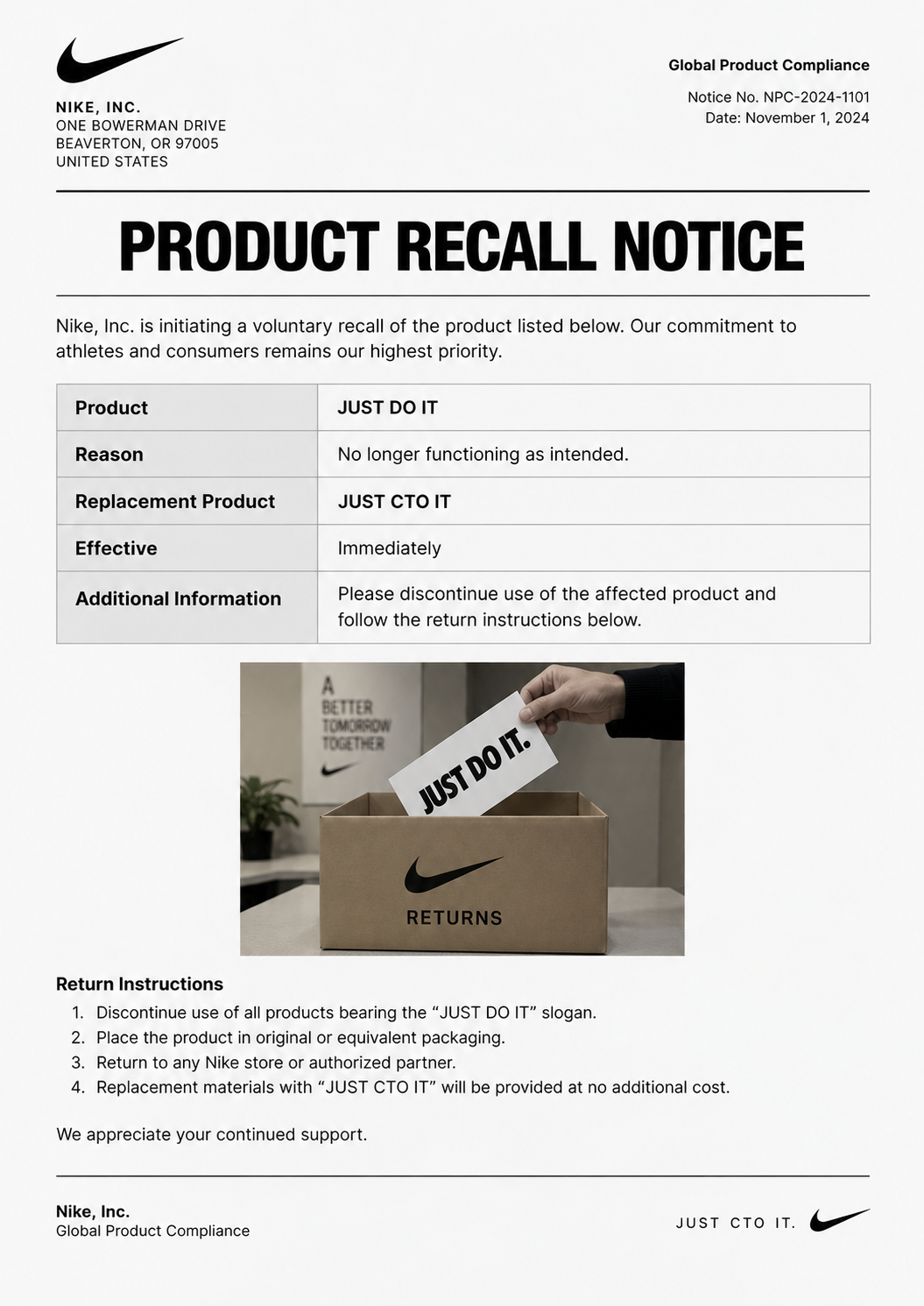 Product recall notice replacing JUST DO IT with JUST CTO IT