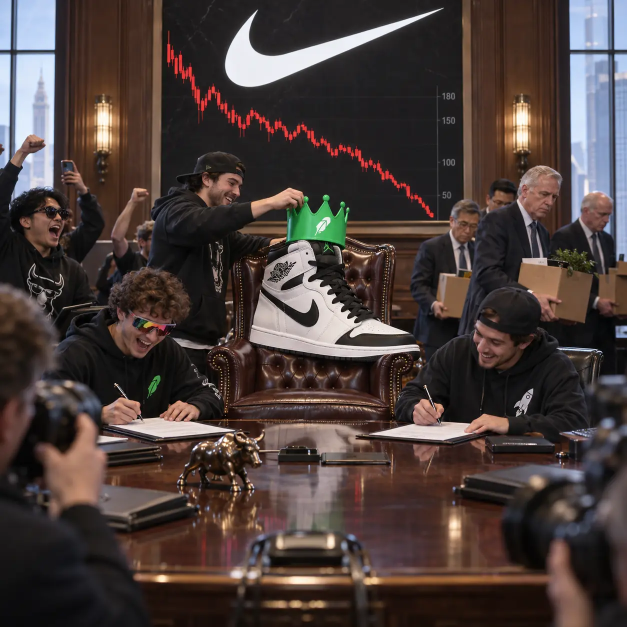 Holders crowning a sneaker in the boardroom while executives pack boxes