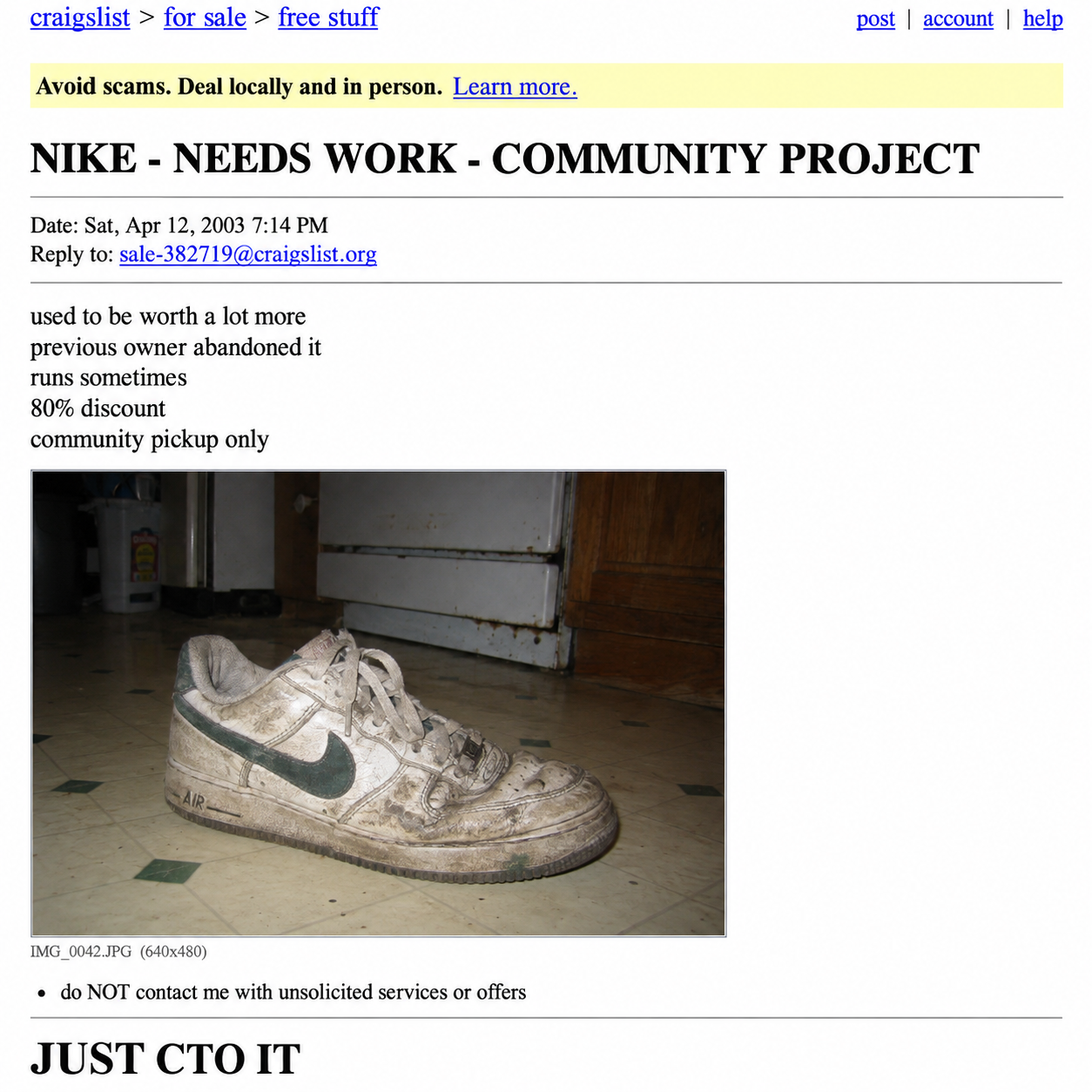 Craigslist listing: Nike, needs work, community project