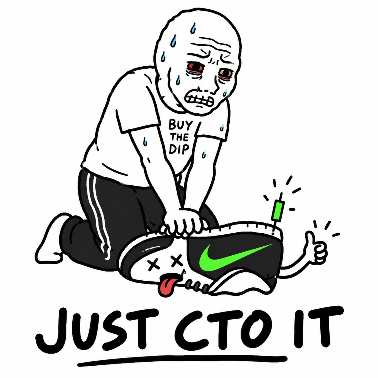 Cartoon holder performing CPR on a fainted sneaker