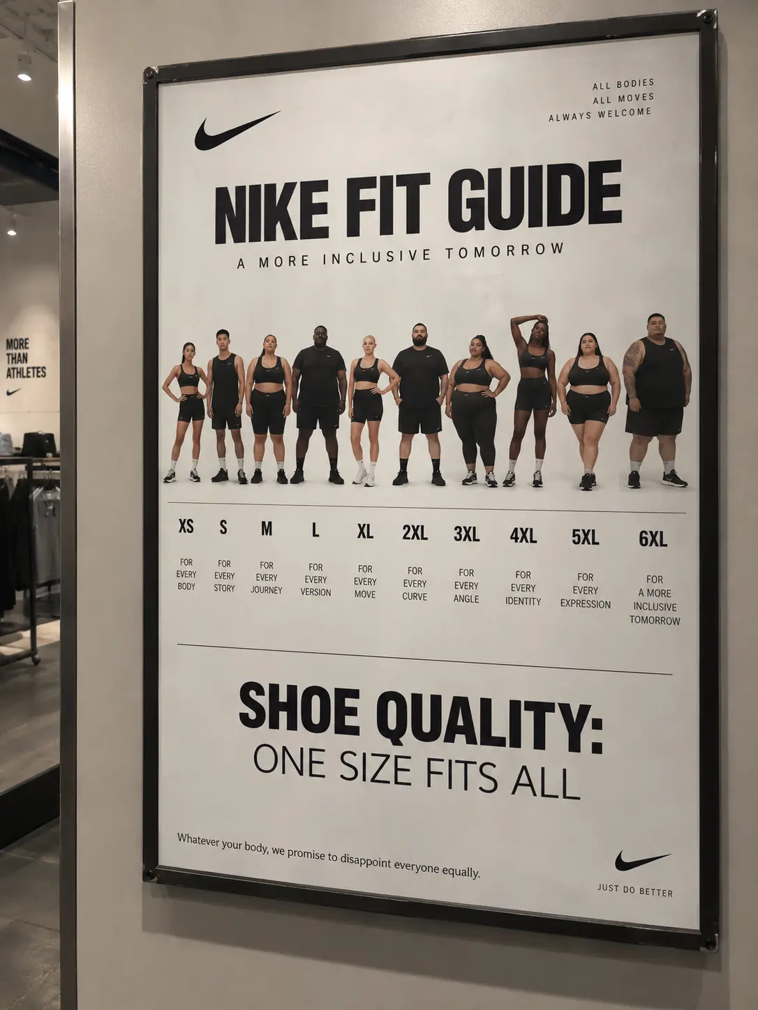 Store poster: Nike fit guide, shoe quality one size fits all
