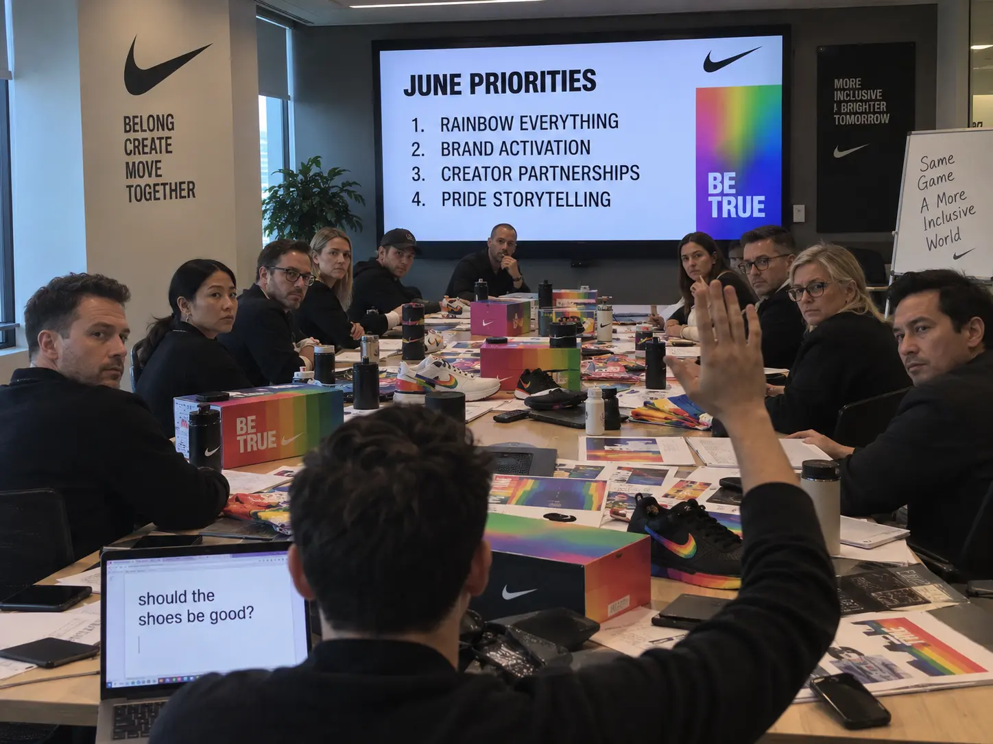 Marketing meeting slide of June priorities while someone asks if the shoes should be good