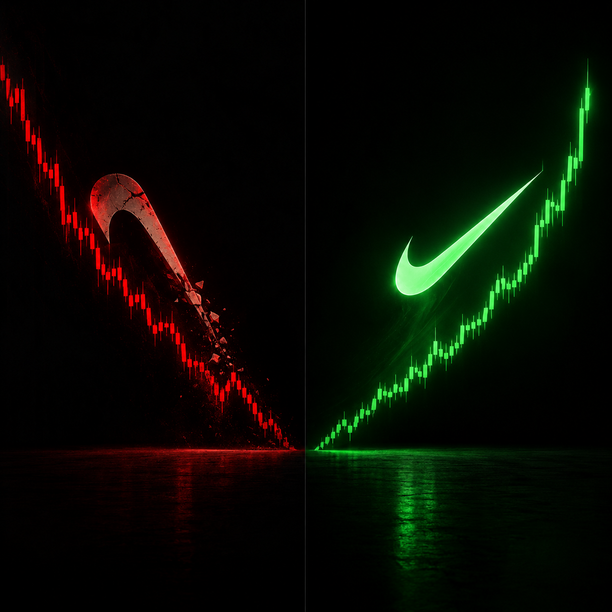 Split image of a cracked red falling swoosh and a glowing green rising swoosh
