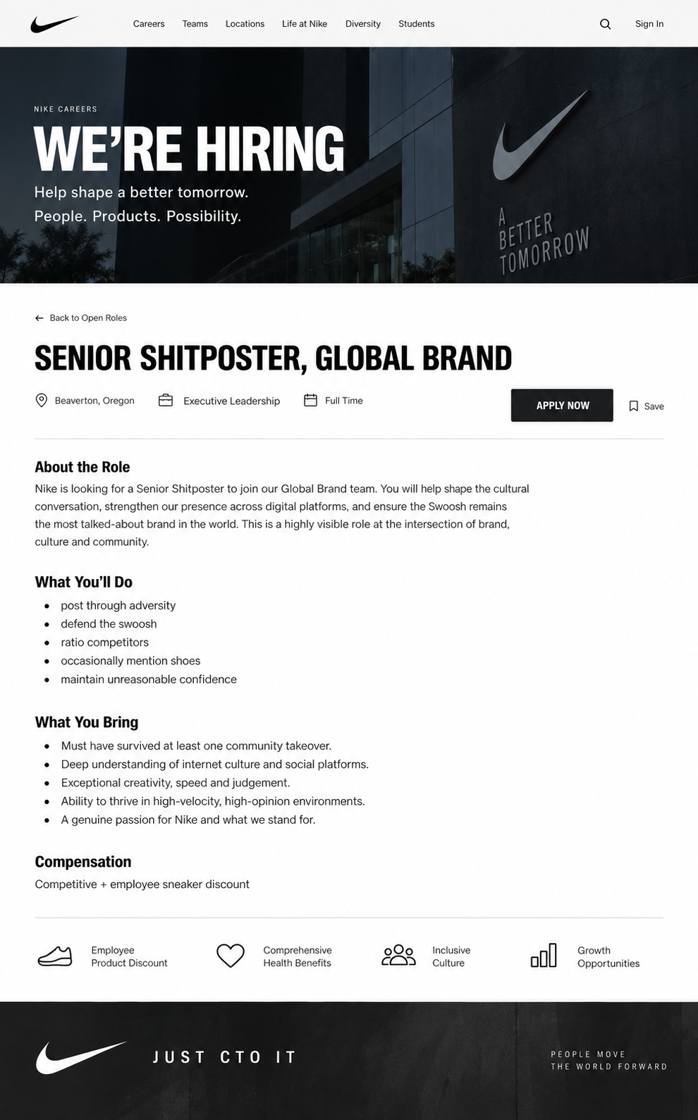 Careers page listing a Senior Shitposter, Global Brand role