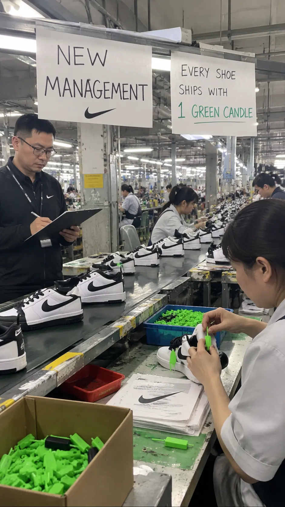 Factory line adding a green candle to every shoe under new management