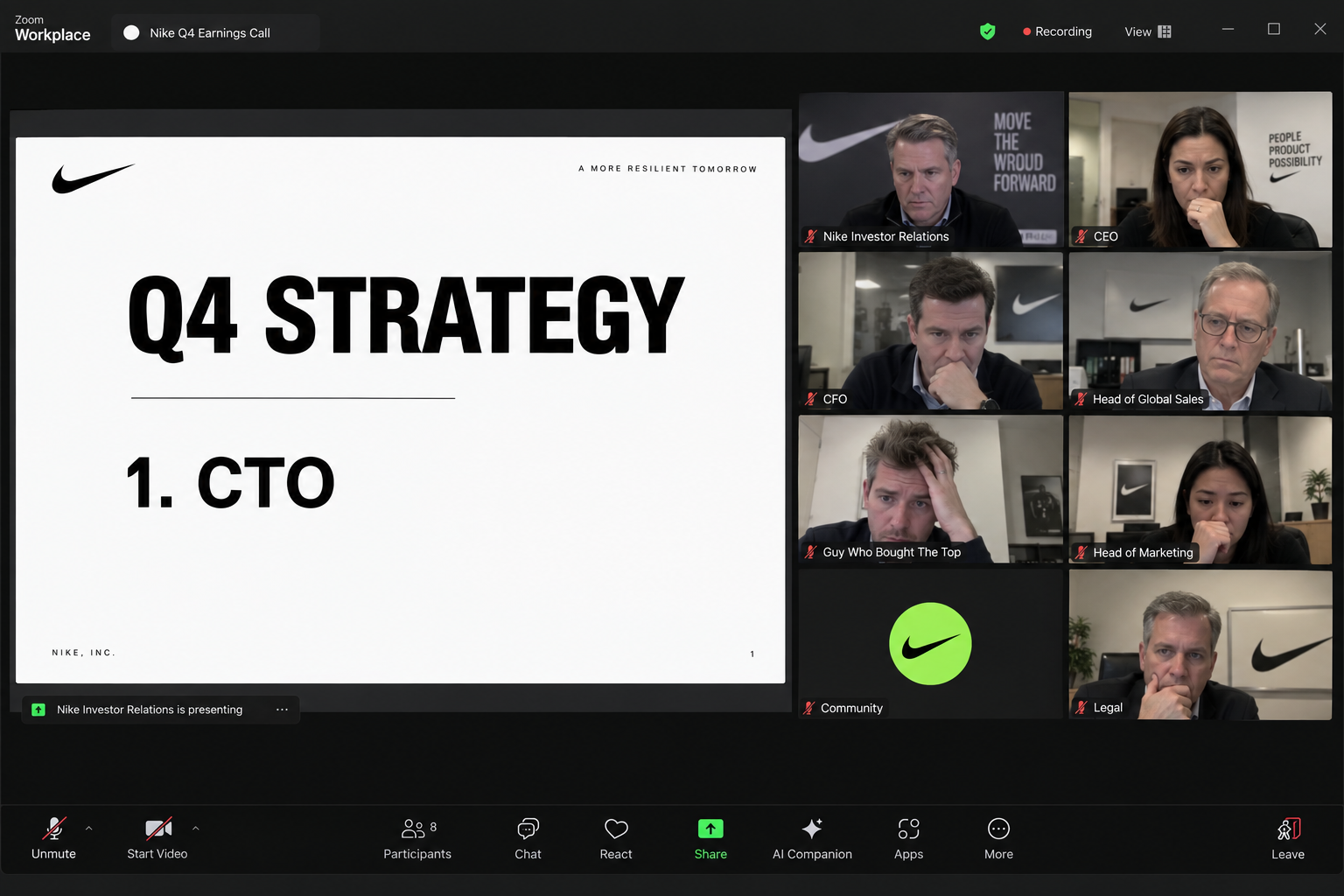 Q4 earnings video call with a slide reading 1. CTO