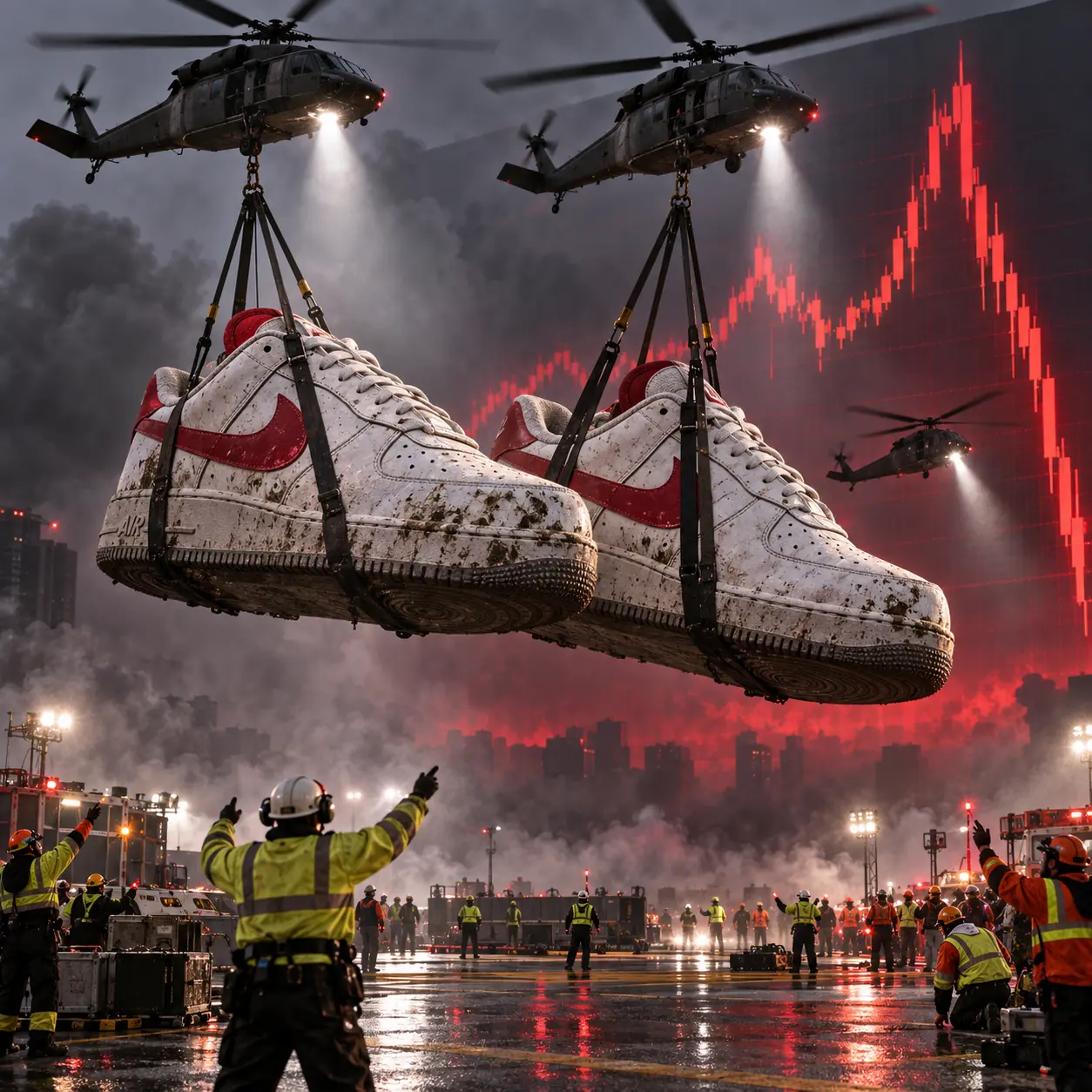 Helicopters airlifting giant sneakers away from a collapsing red chart
