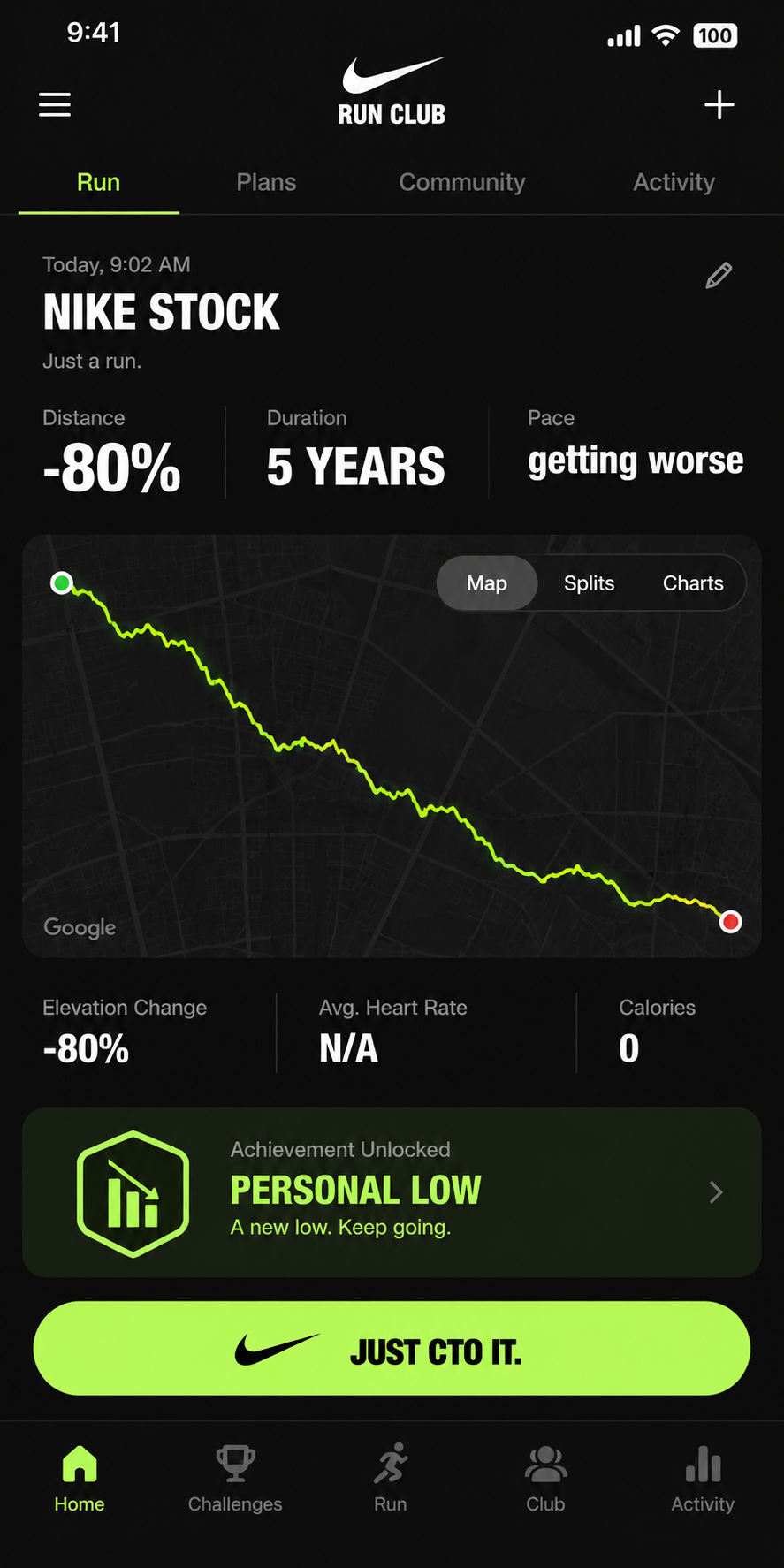Run Club app logging the Nike stock chart as a run