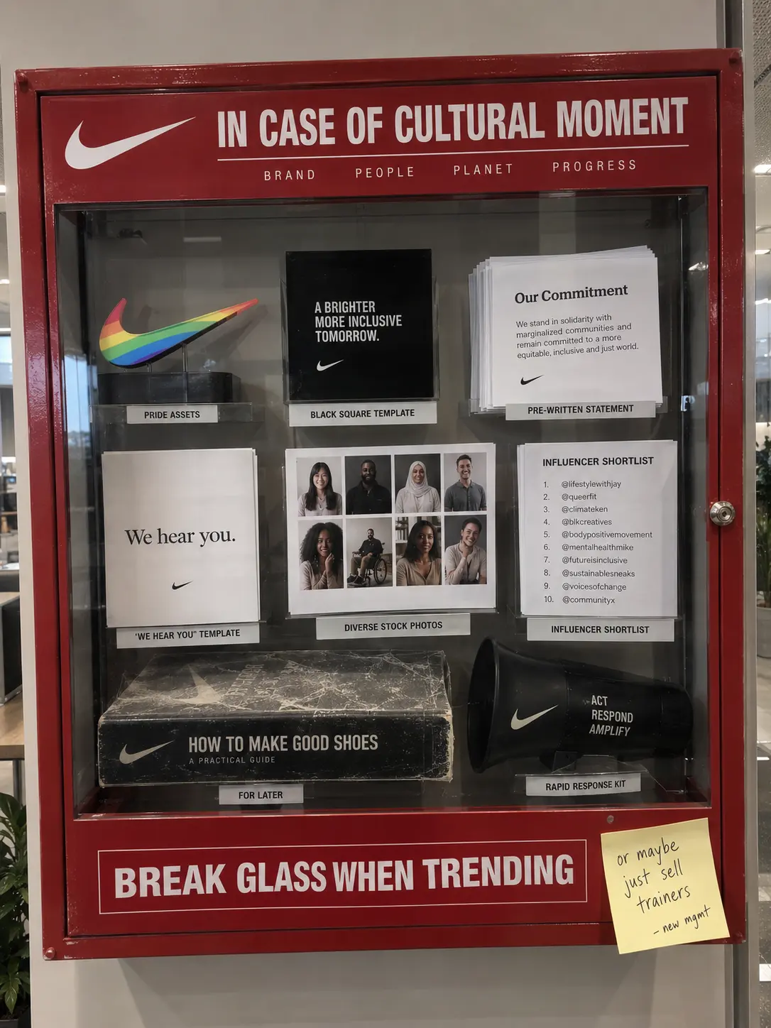 Red glass case labelled IN CASE OF CULTURAL MOMENT