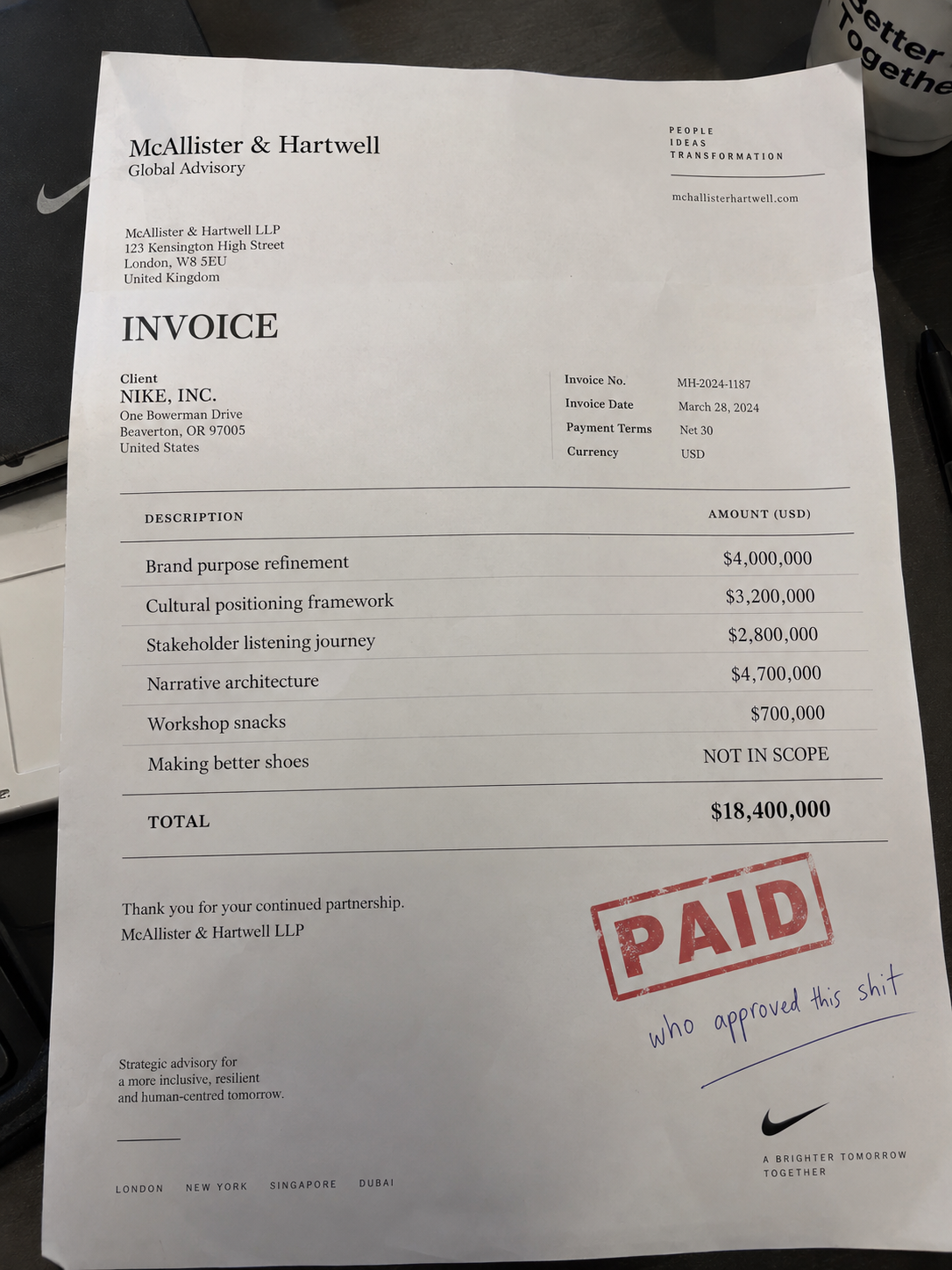Paid consultancy invoice for $18.4M with a handwritten note