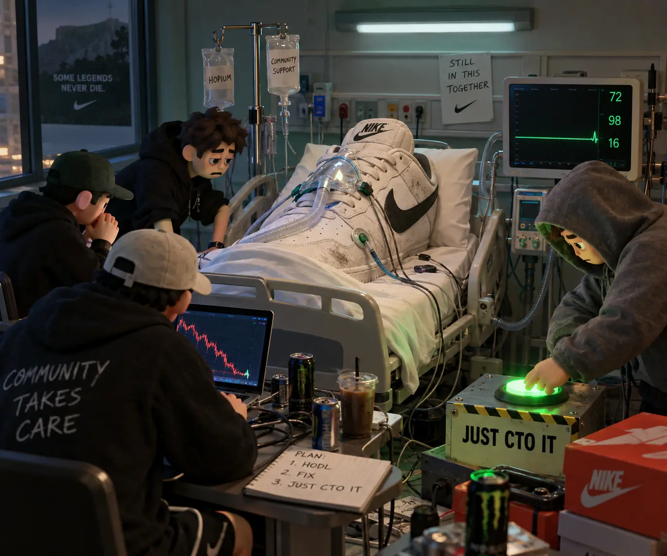 Sneaker on life support in intensive care with community holders