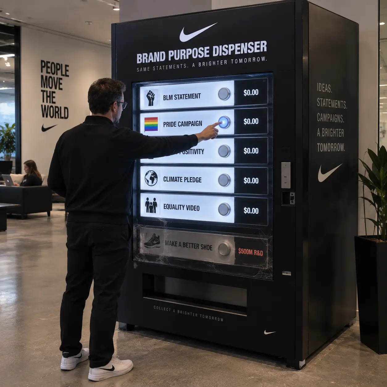 Office lobby vending machine dispensing free brand purpose statements