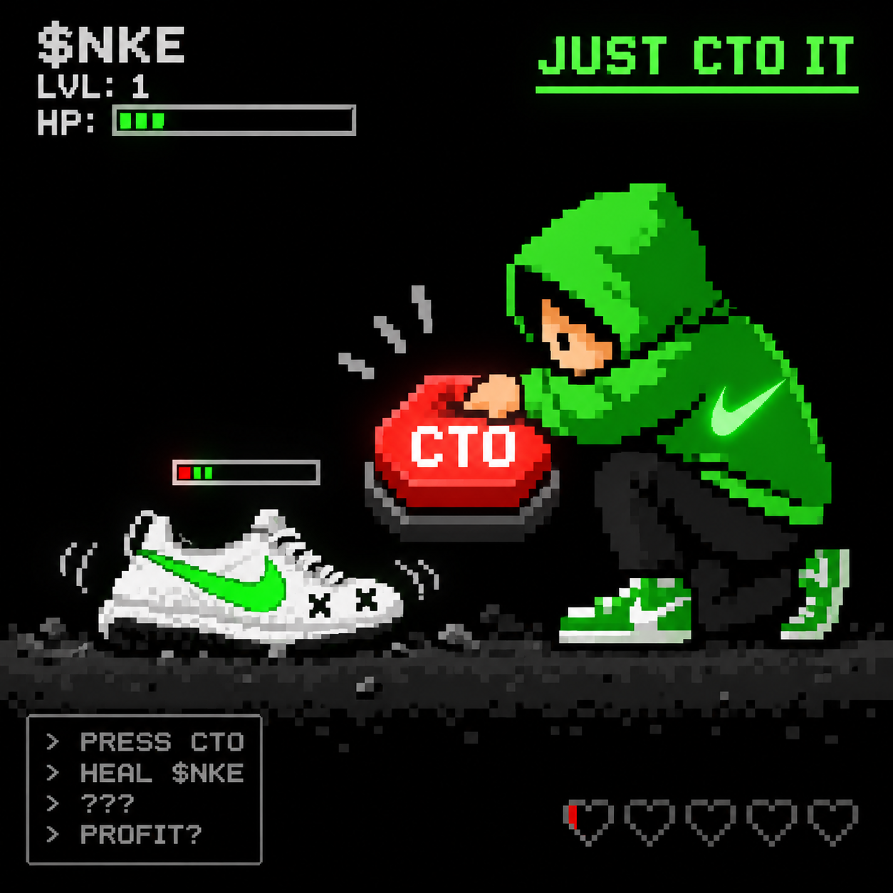 Pixel art game screen: press CTO to heal $NKE