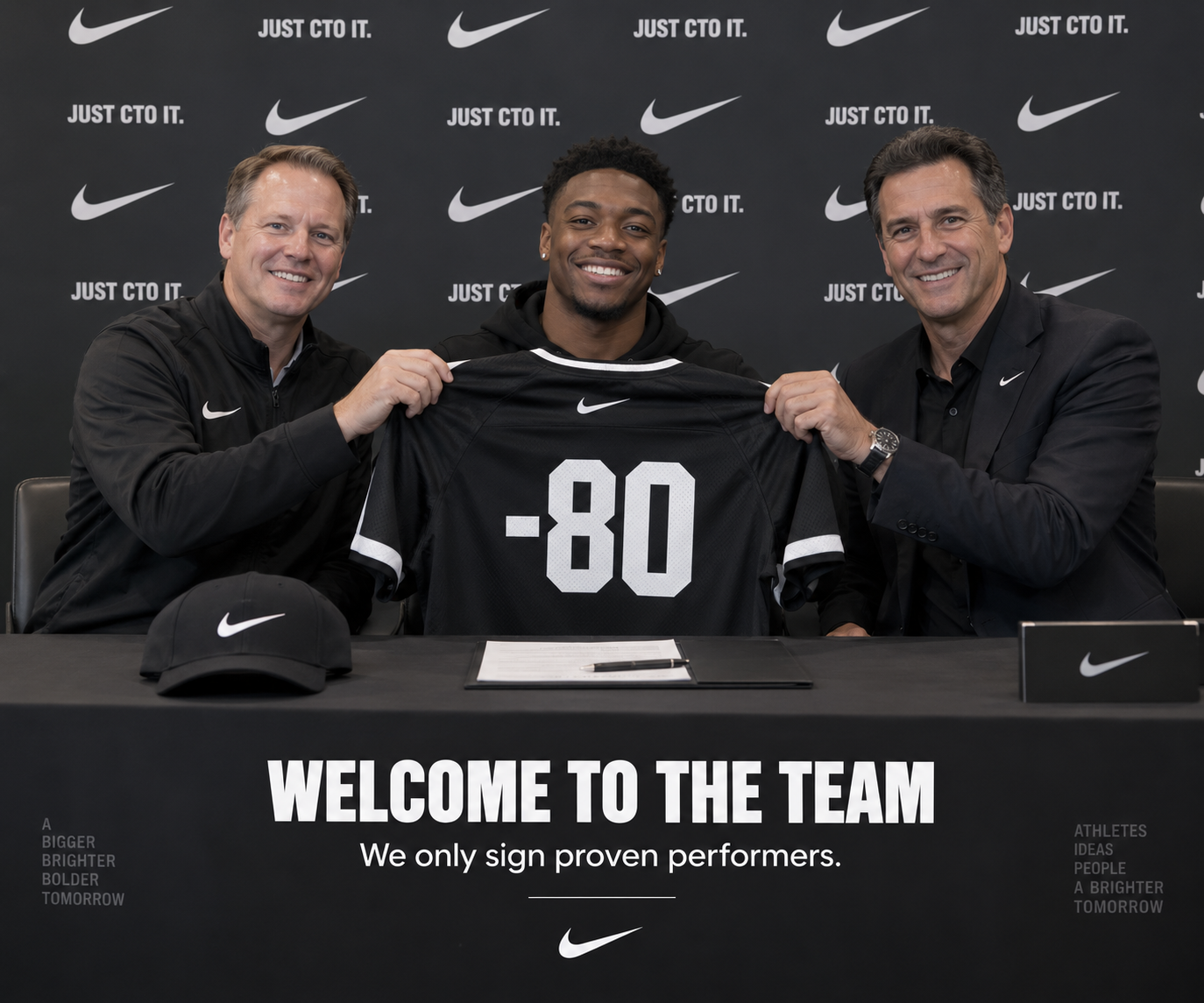 Contract signing photo with a jersey numbered minus 80